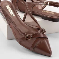 Sapatilha Slingback Feminina Gabriela Enfeite Fivela Em Tela Marrom