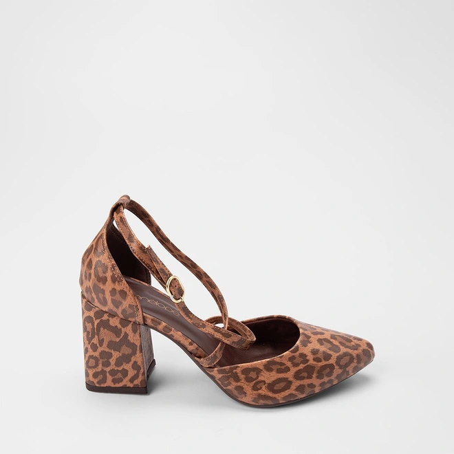 Scarpin Feminino Penélope Salto Bloco Tiras Cruzadas Animal Print Onça Multicolor