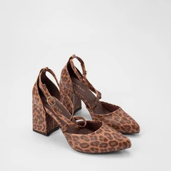 Scarpin Feminino Penélope Salto Bloco Tiras Cruzadas Animal Print Onça Multicolor