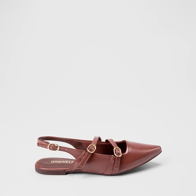 Sapatilha Boneca Slingback Feminina Gabriela Tiras Slim Fivelas Marrom
