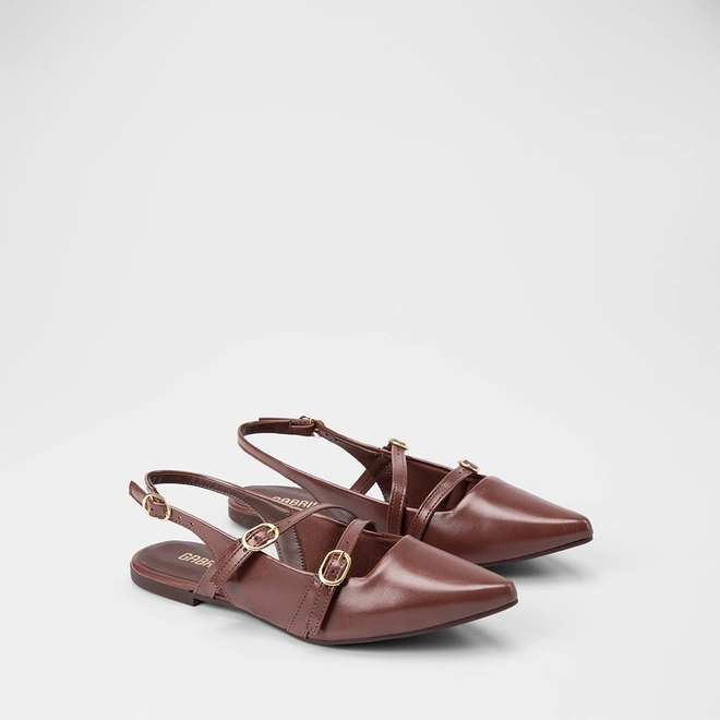 Sapatilha Boneca Slingback Feminina Gabriela Tiras Slim Fivelas Marrom