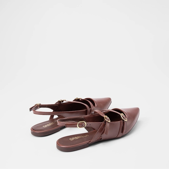 Sapatilha Boneca Slingback Feminina Gabriela Tiras Slim Fivelas Marrom