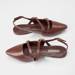 Sapatilha Boneca Slingback Feminina Gabriela Tiras Slim Fivelas Marrom