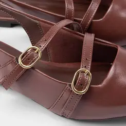 Sapatilha Boneca Slingback Feminina Gabriela Tiras Slim Fivelas Marrom