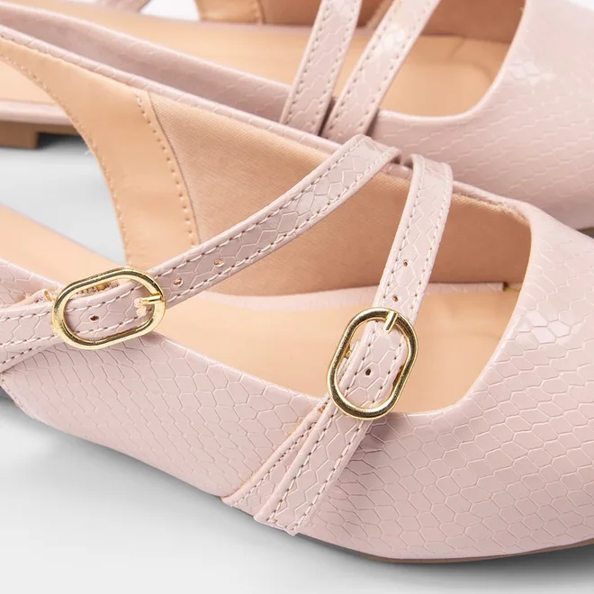 Sapatilha Boneca Slingback Feminina Gabriela Tiras Slim Fivelas Texturizada Nude