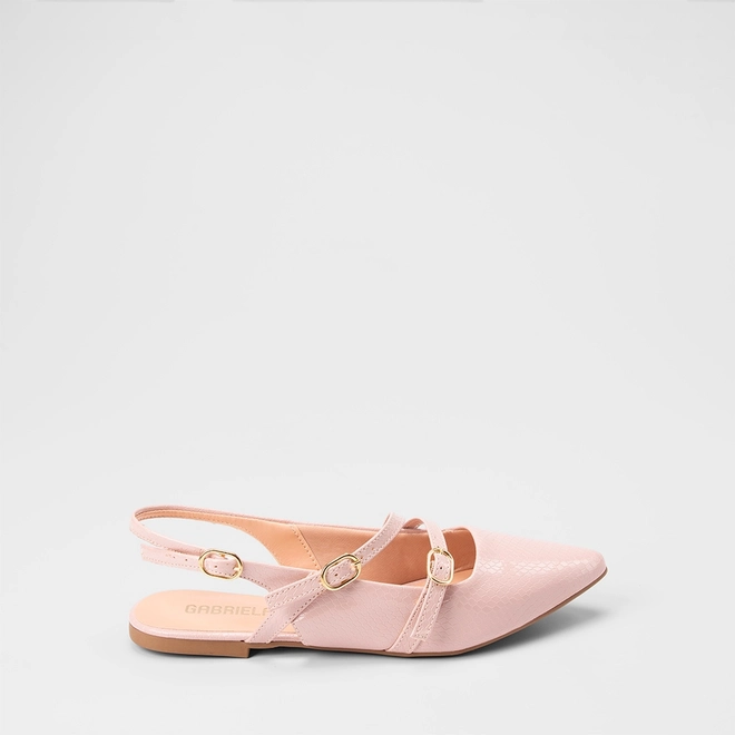 Sapatilha Boneca Slingback Feminina Gabriela Tiras Slim Fivelas Texturizada Nude