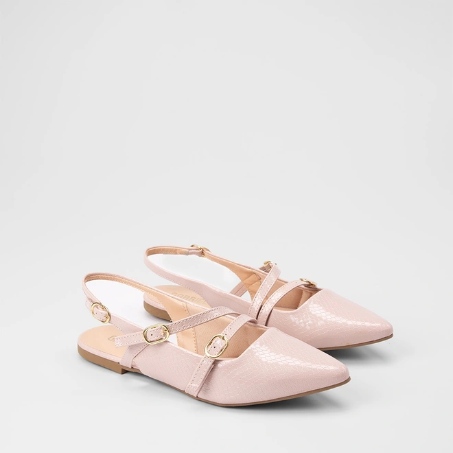 Sapatilha Boneca Slingback Feminina Gabriela Tiras Slim Fivelas Texturizada Nude