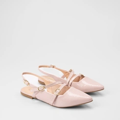 Sapatilha Boneca Slingback Feminina Gabriela Tiras Slim Fivelas Texturizada Nude