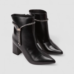 Ankle Boot Feminina Penélope Salto Bloco Detalhe Tira Strass Preta