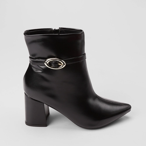 Ankle Boot Feminina Penélope Salto Bloco Enfeite Fivela Preta