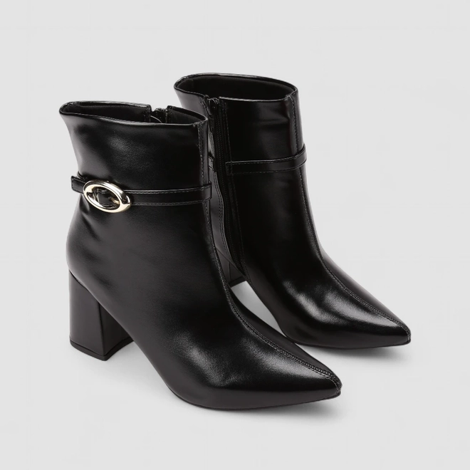 Ankle Boot Feminina Penélope Salto Bloco Enfeite Fivela Preta