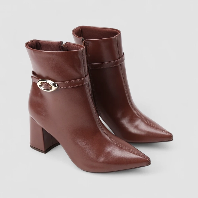 Ankle Boot Feminina Penélope Salto Bloco Enfeite Fivela Marrom