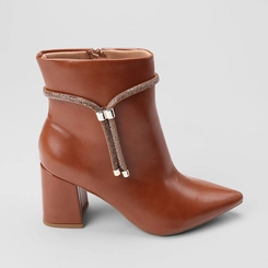 Ankle Boot Feminina Penélope Salto Bloco Detalhe Tira Strass Caramelo