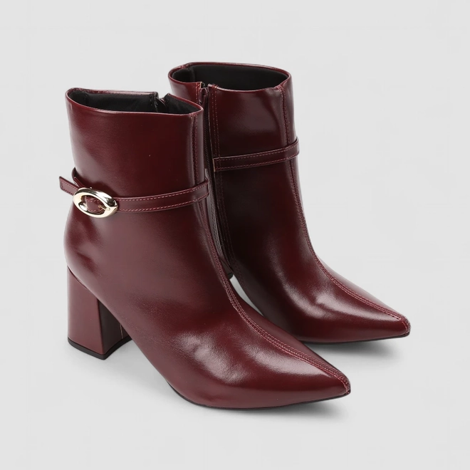 Ankle Boot Feminina Penélope Salto Bloco Enfeite Fivela Vinho