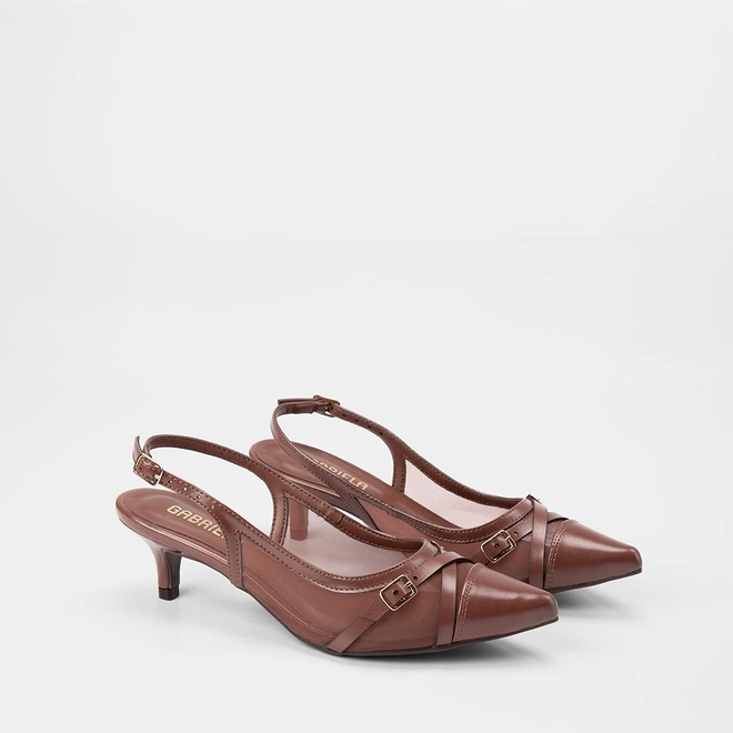 Scarpin Slingback Feminino Gabriela Enfeite Fivela Em Tela Marrom