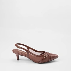 Scarpin Slingback Feminino Gabriela Enfeite Fivela Em Tela Marrom