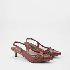 Scarpin Slingback Feminino Gabriela Enfeite Fivela Em Tela Marrom