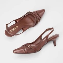 Scarpin Slingback Feminino Gabriela Enfeite Fivela Em Tela Marrom
