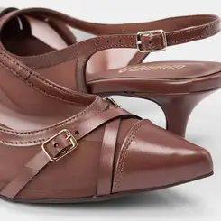 Scarpin Slingback Feminino Gabriela Enfeite Fivela Em Tela Marrom