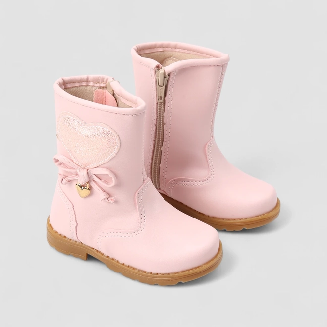 Bota Bebê Gabrielinha Cano Médio Enfeite Coração Holográfico Pingente Rosa