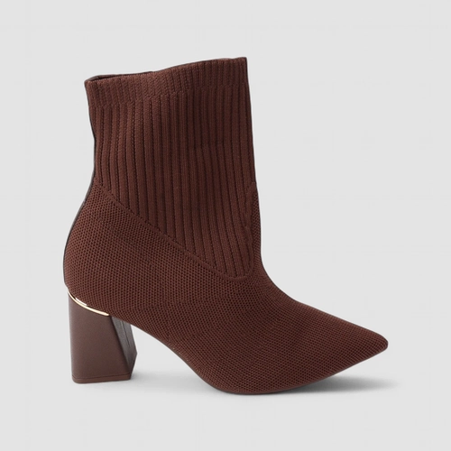 Bota Ankle Boot Bebecê Knit Bico Fino Salto Bloco Marrom