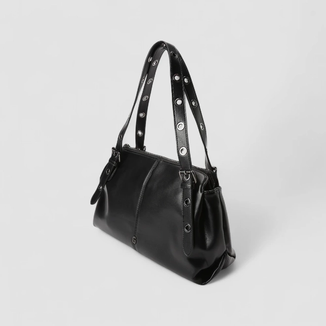 Bolsa De Ombro Gabriela Média Detalhe Ilhós Preta