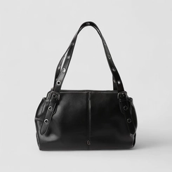 Bolsa De Ombro Gabriela Média Detalhe Ilhós Preta
