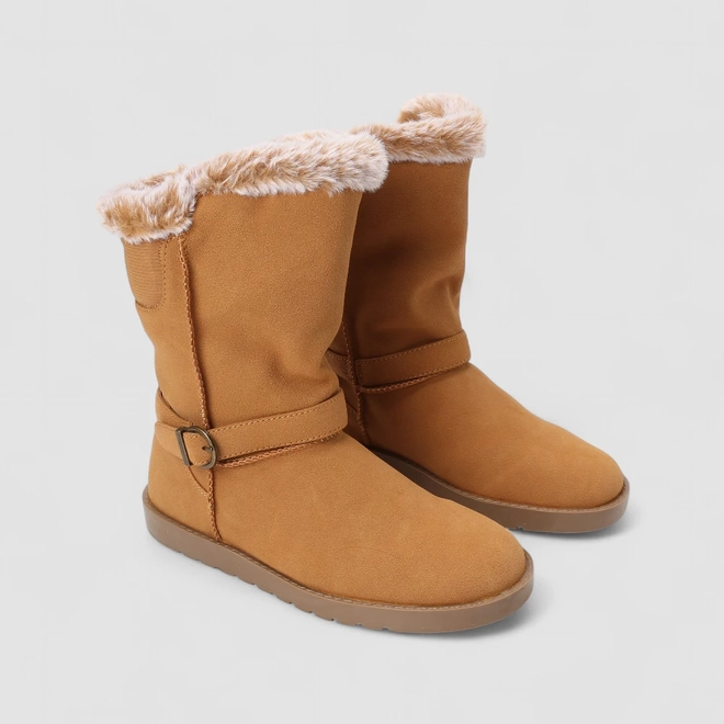 Bota Feminina Mooncity Cano Médio Fivela Peluciada Caramelo