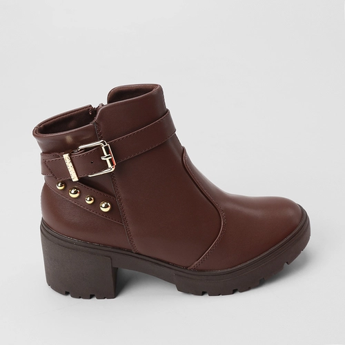 Ankle Boot Feminina Via Uno Salto Bloco Fivela & Tachas Marrom