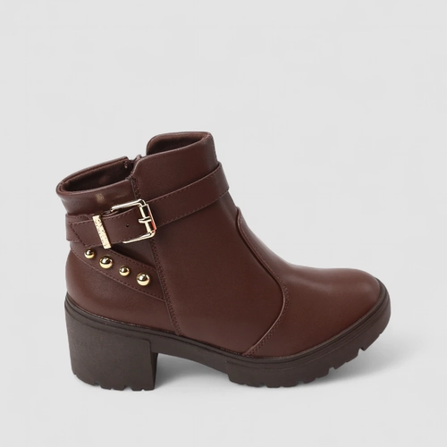 Bota Feminina Via Uno Salto Bloco Fivela & Tachas Marrom