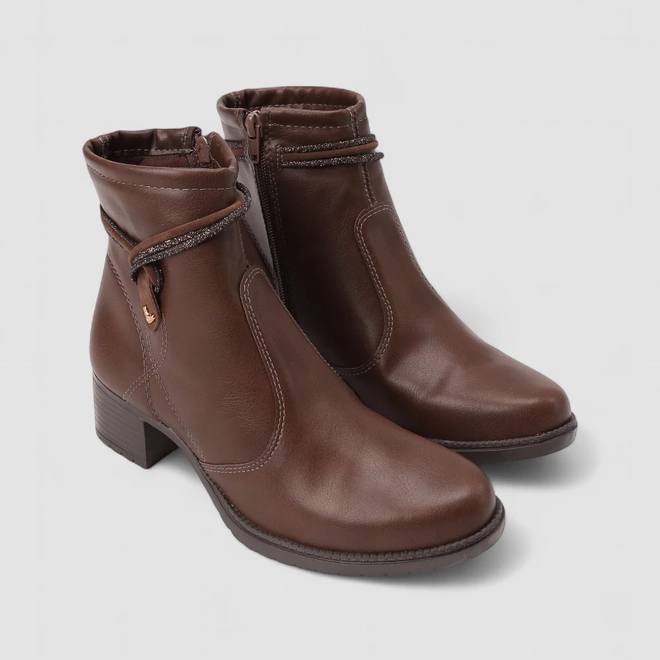 Ankle Boot Feminina Mississipi Salto Bloco Tiras Strass Marrom