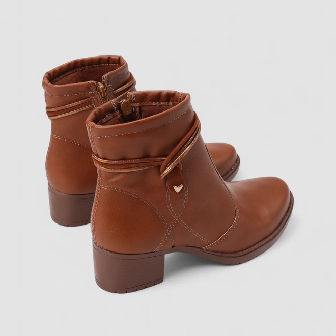 Ankle Boot Feminina Mississipi Salto Bloco Zíper Coração Caramelo