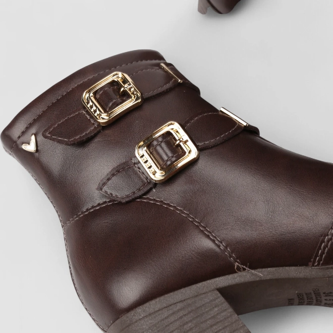 Ankle Boot Feminina Mississipi Tira Dupla Fivela Metalizada Marrom