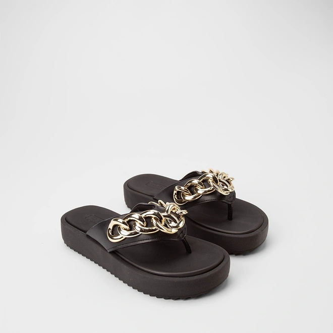 Tamanco Feminino Moleca Flatform Detalhe Corrente Preto