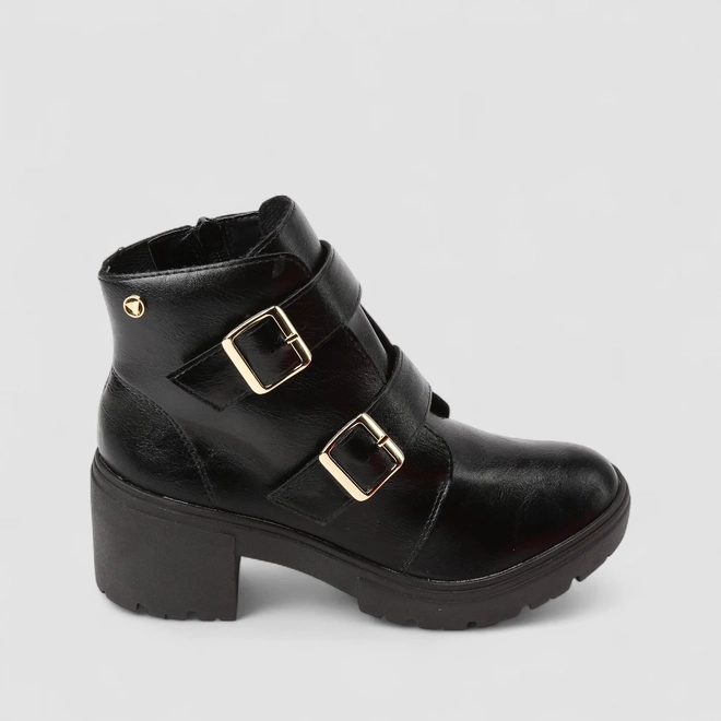 Ankle Boot Feminina Via Uno Detalhe Tiras Fivela Preto