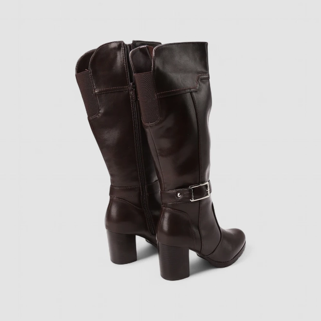 Bota Feminina Mooncity Cano Alto Salto Bloco Detalhe Fivela Marrom