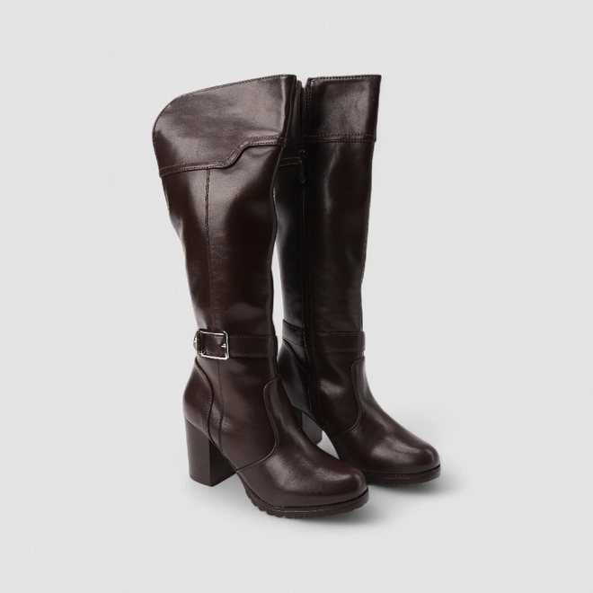 Bota Feminina Mooncity Cano Alto Salto Bloco Detalhe Fivela Marrom