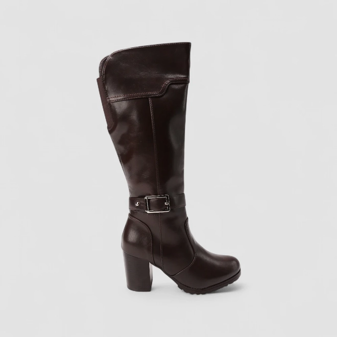 Bota Feminina Mooncity Cano Alto Salto Bloco Detalhe Fivela Marrom