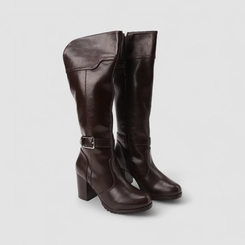 Bota Feminina Mooncity Cano Alto Salto Bloco Detalhe Fivela Marrom