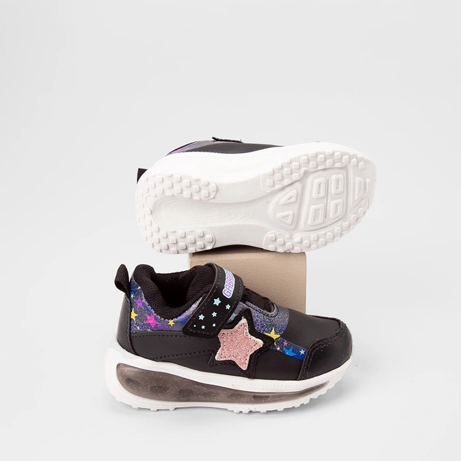 Tênis Casual Infantil Gabrielinha Detalhe Recorte Estrelas Glitter Led Preto
