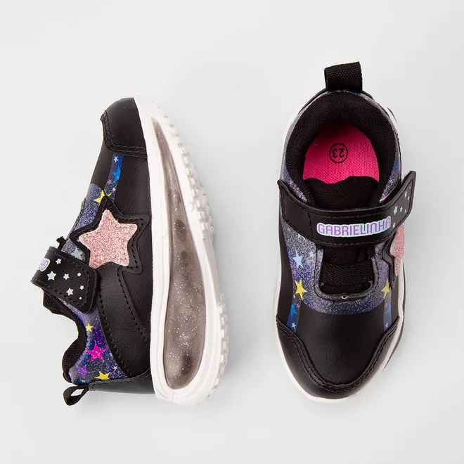 Tênis Casual Infantil Gabrielinha Detalhe Recorte Estrelas Glitter Led Preto