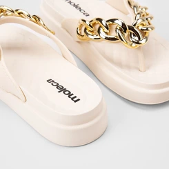 Tamanco Feminino Moleca Flatform Detalhe Corrente Off White