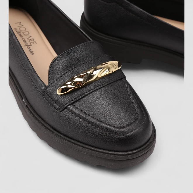 Mocassim Loafer Feminino Modare Ultraconforto Detalhe Dourado Preto