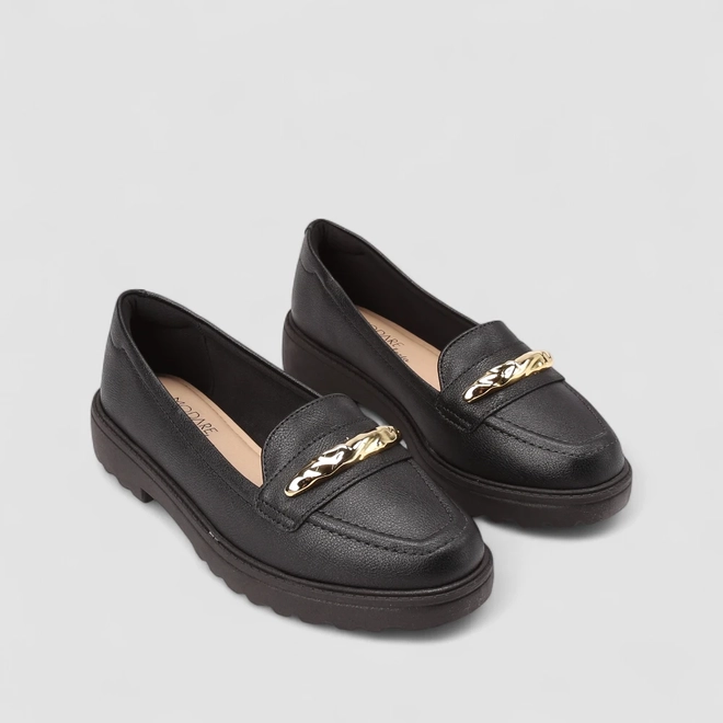 Mocassim Loafer Feminino Modare Ultraconforto Detalhe Dourado Preto