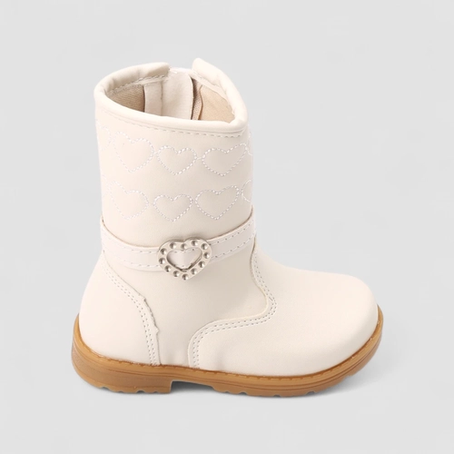 Bota Bebê Gabrielinha Cano Alto Fivela Coração Pespontos Off White