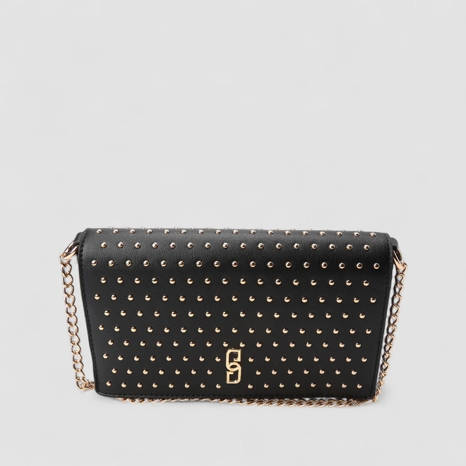 Bolsa Transversal Gabriela Média Alça Corrente Detalhe Rebites Preto