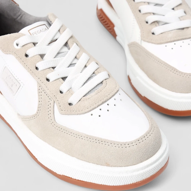 Tênis Casual Masculino Pegada Original Couro Branco & Marrom