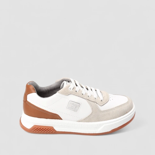 Tênis Casual Masculino Pegada Original Couro Branco & Marrom