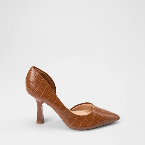 Scarpin Feminino Gabriela Salto Alto Textura Croco Caramelo