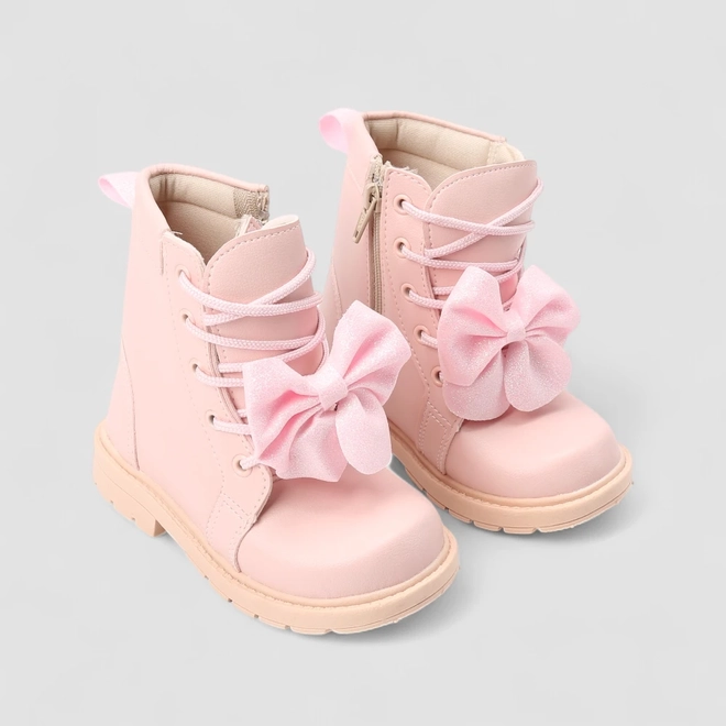 Bota Coturno Bebê Gabrielinha Detalhe Laço Glitter Rosa